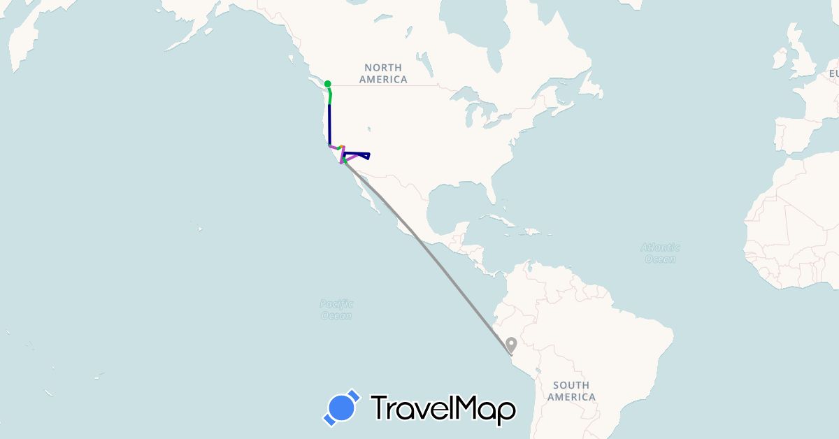 TravelMap itinerary: driving, bus, plane, train, hiking, hitchhiking in Canada, Peru, United States (North America, South America)